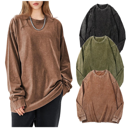 Arssm 3-Pack Unisex Long Sleeve T-Shirt – Vintage Acid Wash Baggy Cotton Tee for Streetwear, Casual Outfits & Layering
