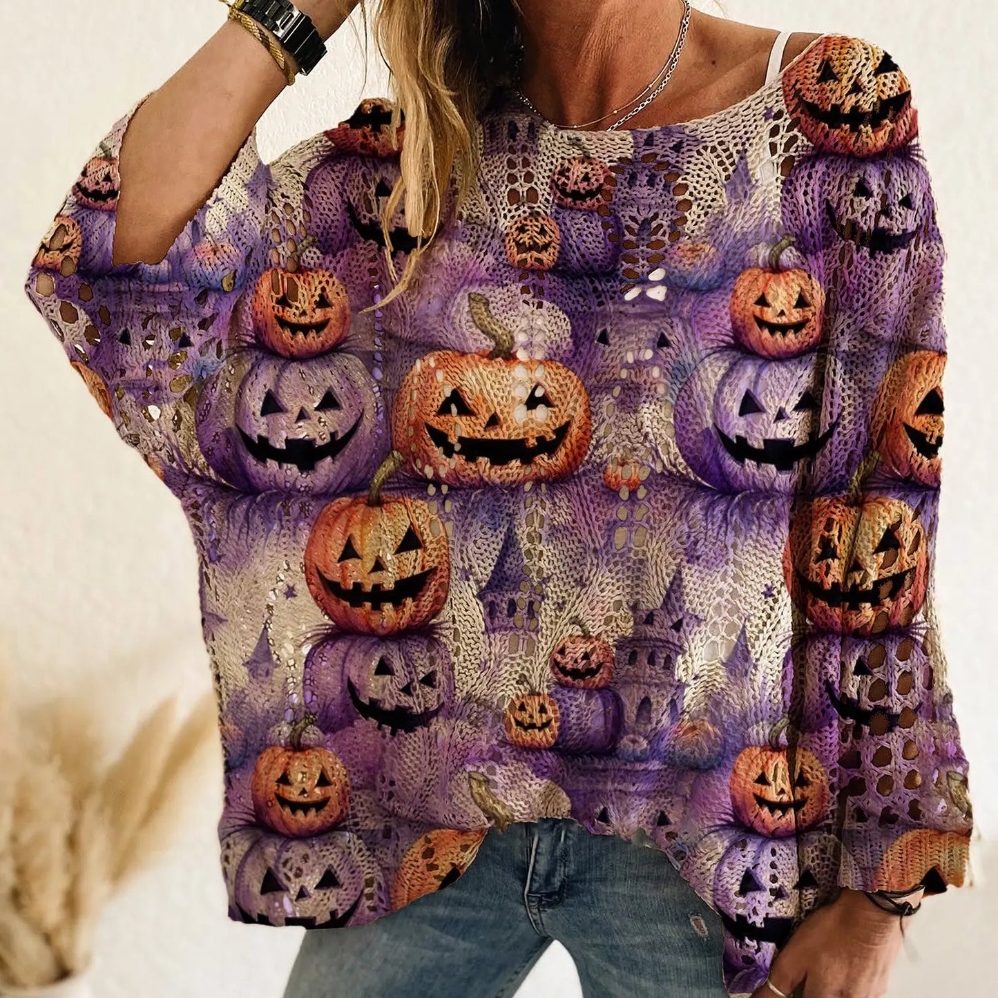 Women's Halloween Pumpkin-Bat Knit Pullover Sweater