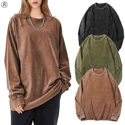 Arssm 3-Pack Unisex Long Sleeve T-Shirt – Vintage Acid Wash Baggy Cotton Tee for Streetwear, Casual Outfits & Layering