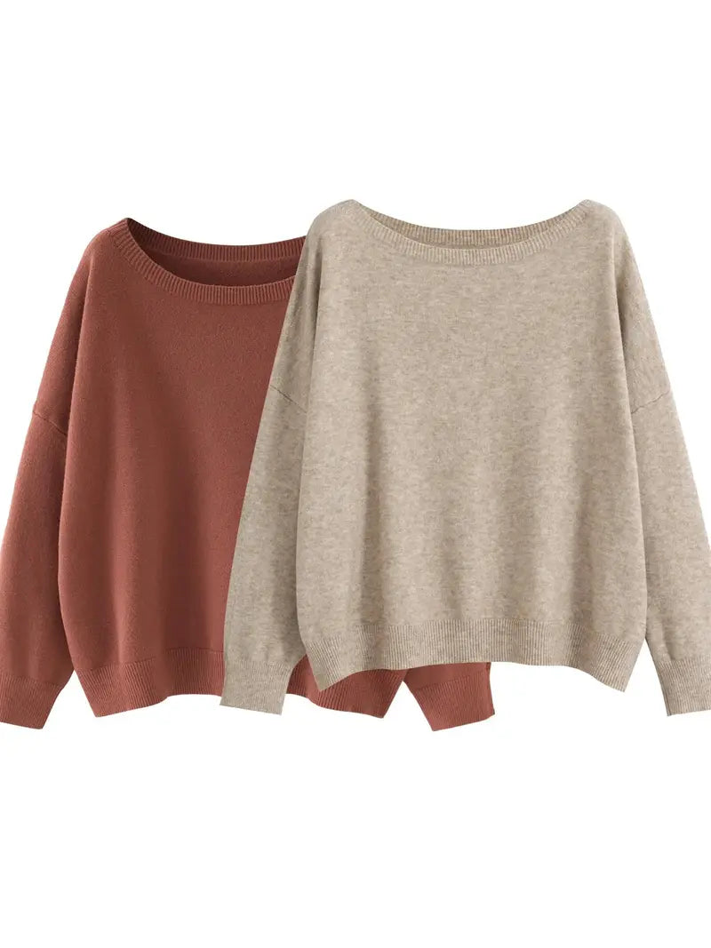 Women's Plain Scoop Neck Sweater Casual Long Sleeve Knit Top for Fall & Winter