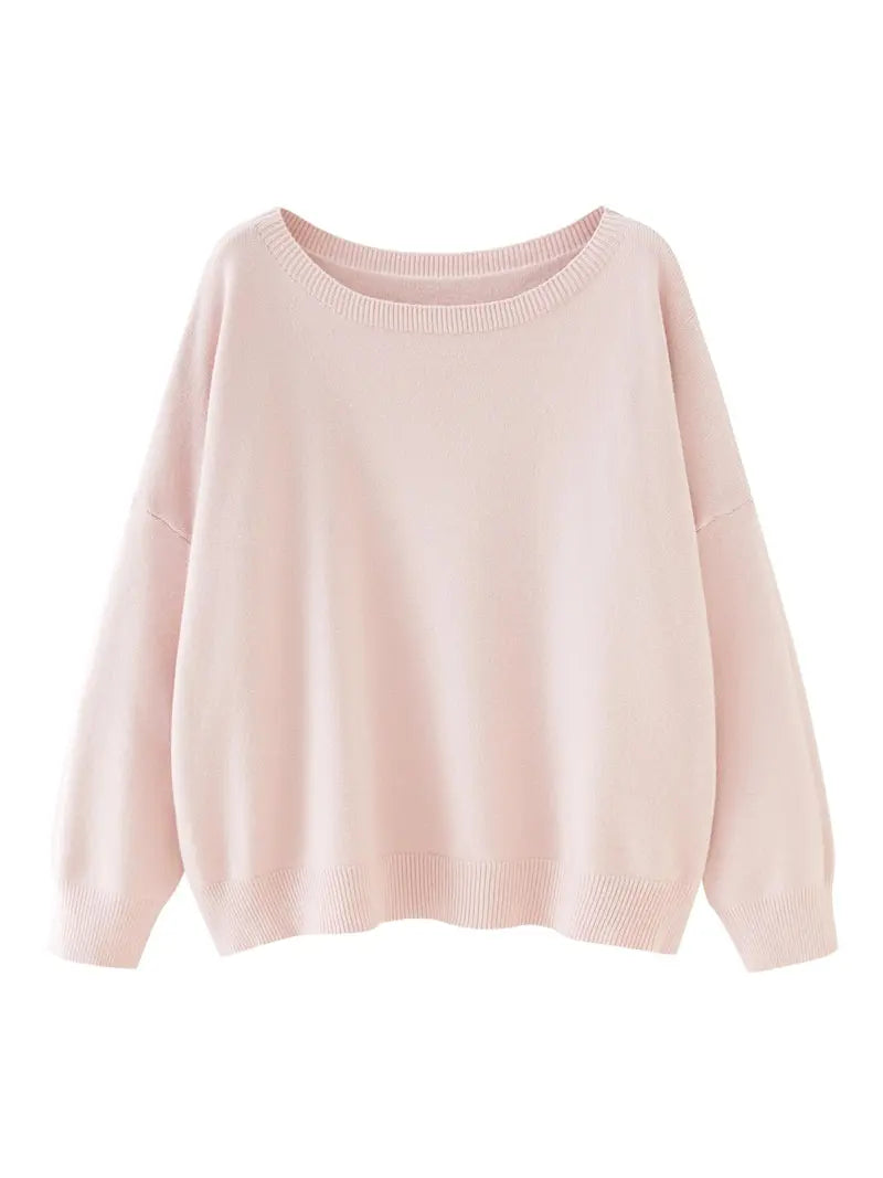 Women's Plain Scoop Neck Sweater Casual Long Sleeve Knit Top for Fall & Winter