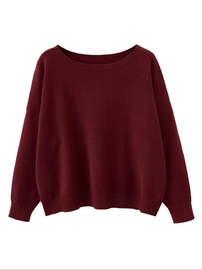 Women's Plain Scoop Neck Sweater Casual Long Sleeve Knit Top for Fall & Winter