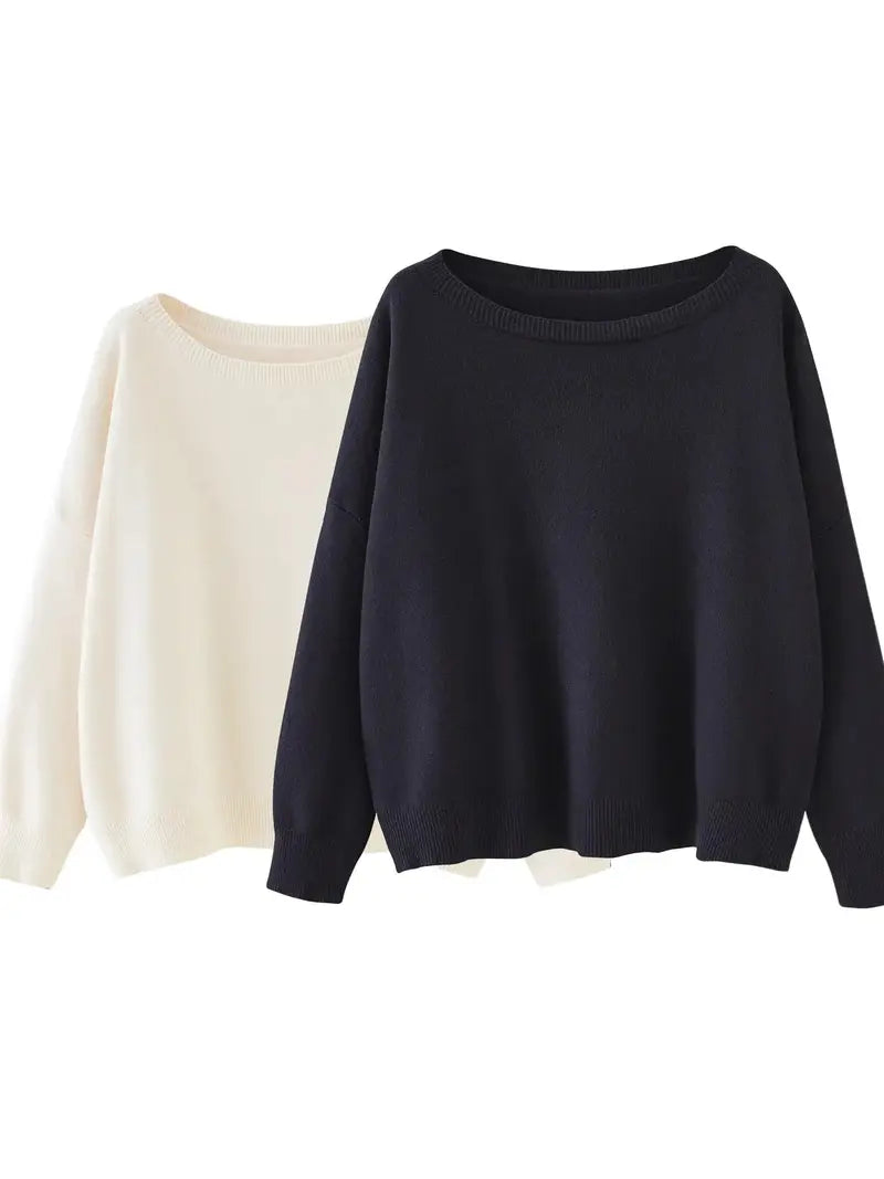 Women's Plain Scoop Neck Sweater Casual Long Sleeve Knit Top for Fall & Winter