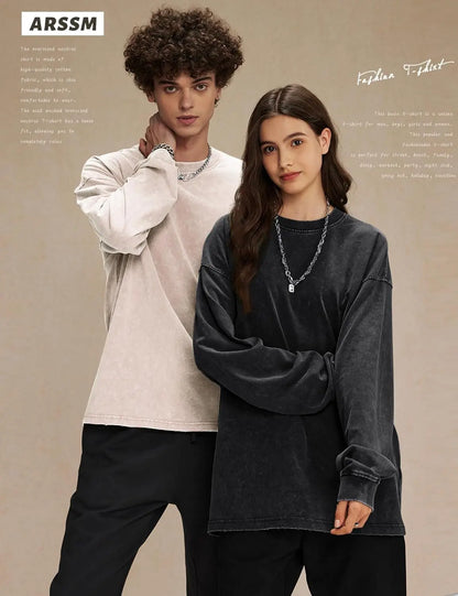 Arssm 3-Pack Unisex Long Sleeve T-Shirt – Vintage Acid Wash Baggy Cotton Tee for Streetwear, Casual Outfits & Layering
