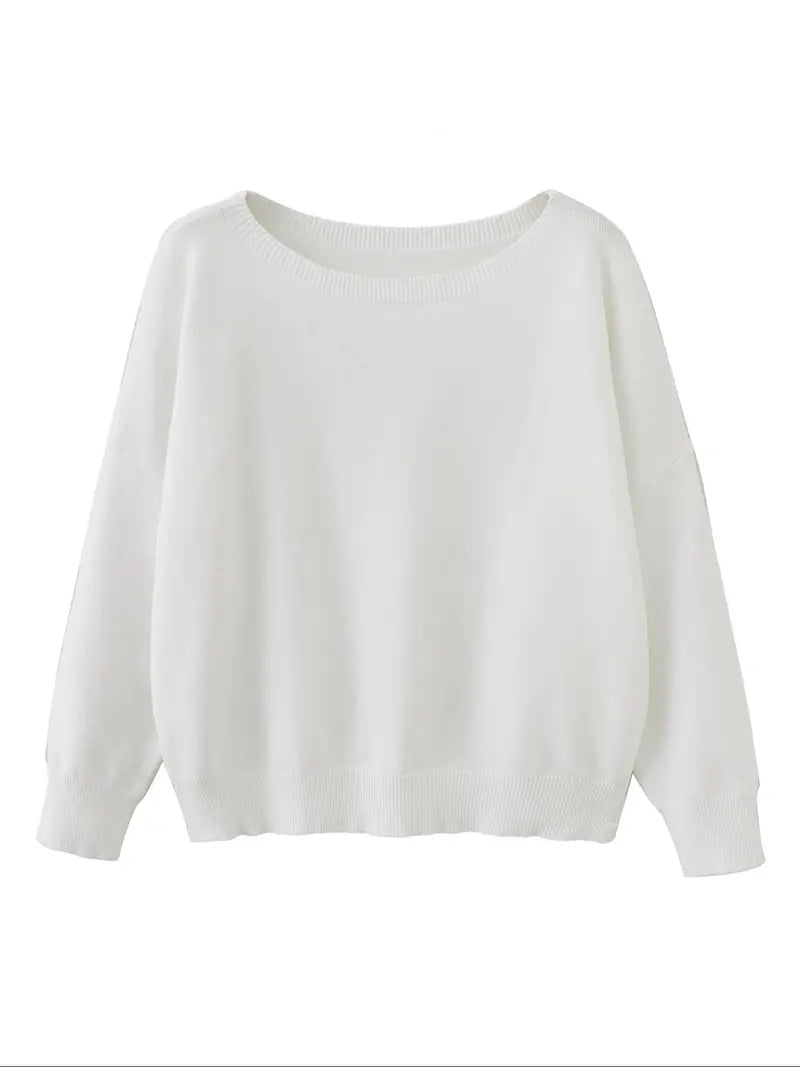 Women's Plain Scoop Neck Sweater Casual Long Sleeve Knit Top for Fall & Winter