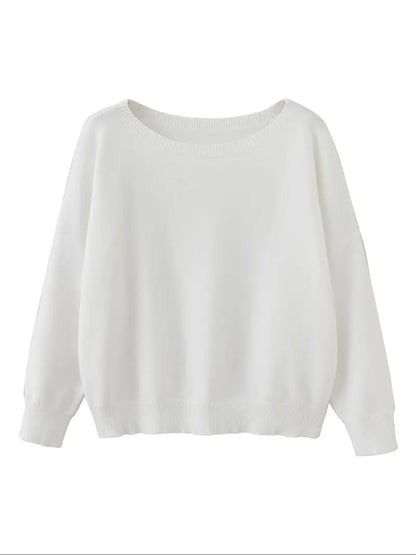 Women's Plain Scoop Neck Sweater Casual Long Sleeve Knit Top for Fall & Winter