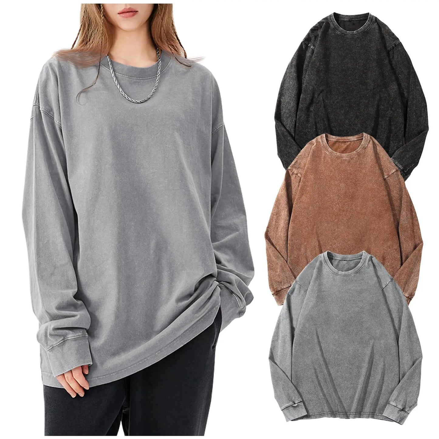 Arssm 3-Pack Unisex Long Sleeve T-Shirt – Vintage Acid Wash Baggy Cotton Tee for Streetwear, Casual Outfits & Layering