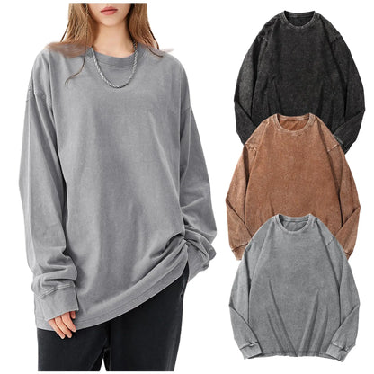 Arssm 3-Pack Unisex Long Sleeve T-Shirt – Vintage Acid Wash Baggy Cotton Tee for Streetwear, Casual Outfits & Layering