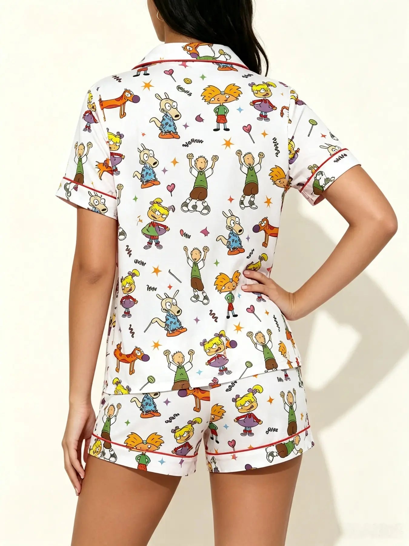 Teen Retro Cartoon Print Pajama Set -Soft Comfortable Short Sleeve Sleepwear