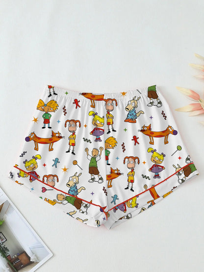 Teen Retro Cartoon Print Pajama Set -Soft Comfortable Short Sleeve Sleepwear