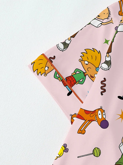 Teen Retro Cartoon Print Pajama Set -Soft Comfortable Short Sleeve Sleepwear