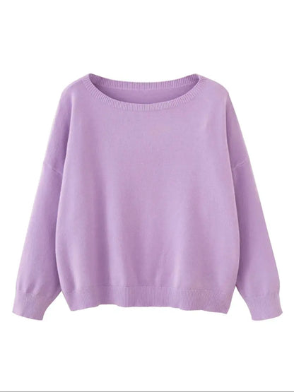 Women's Plain Scoop Neck Sweater Casual Long Sleeve Knit Top for Fall & Winter