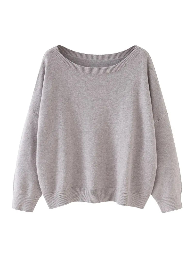 Women's Plain Scoop Neck Sweater Casual Long Sleeve Knit Top for Fall & Winter
