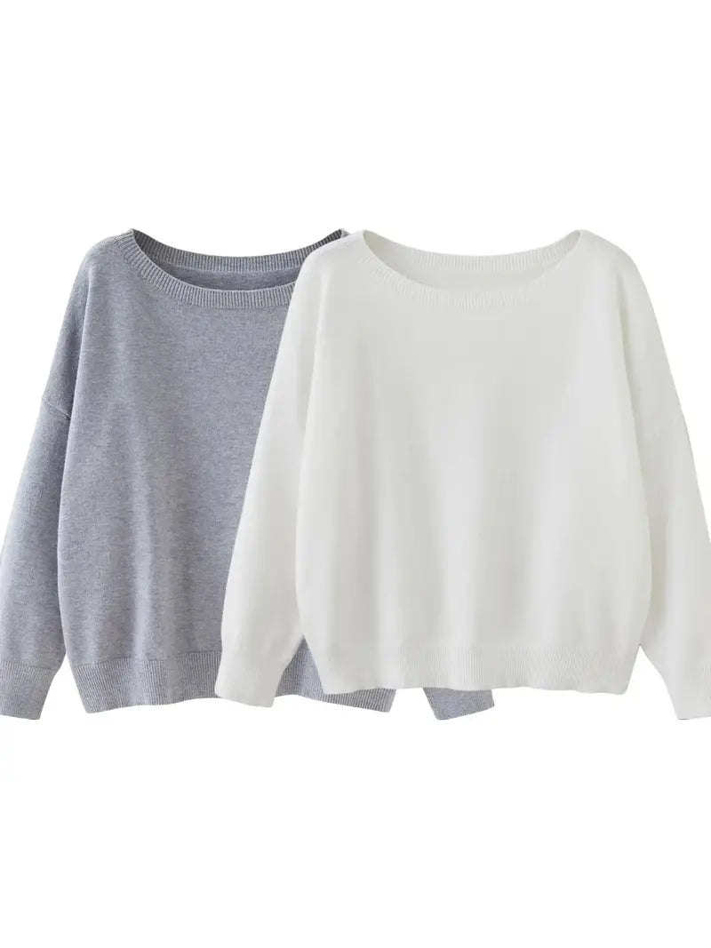 Women's Plain Scoop Neck Sweater Casual Long Sleeve Knit Top for Fall & Winter