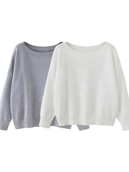 Women's Plain Scoop Neck Sweater Casual Long Sleeve Knit Top for Fall & Winter