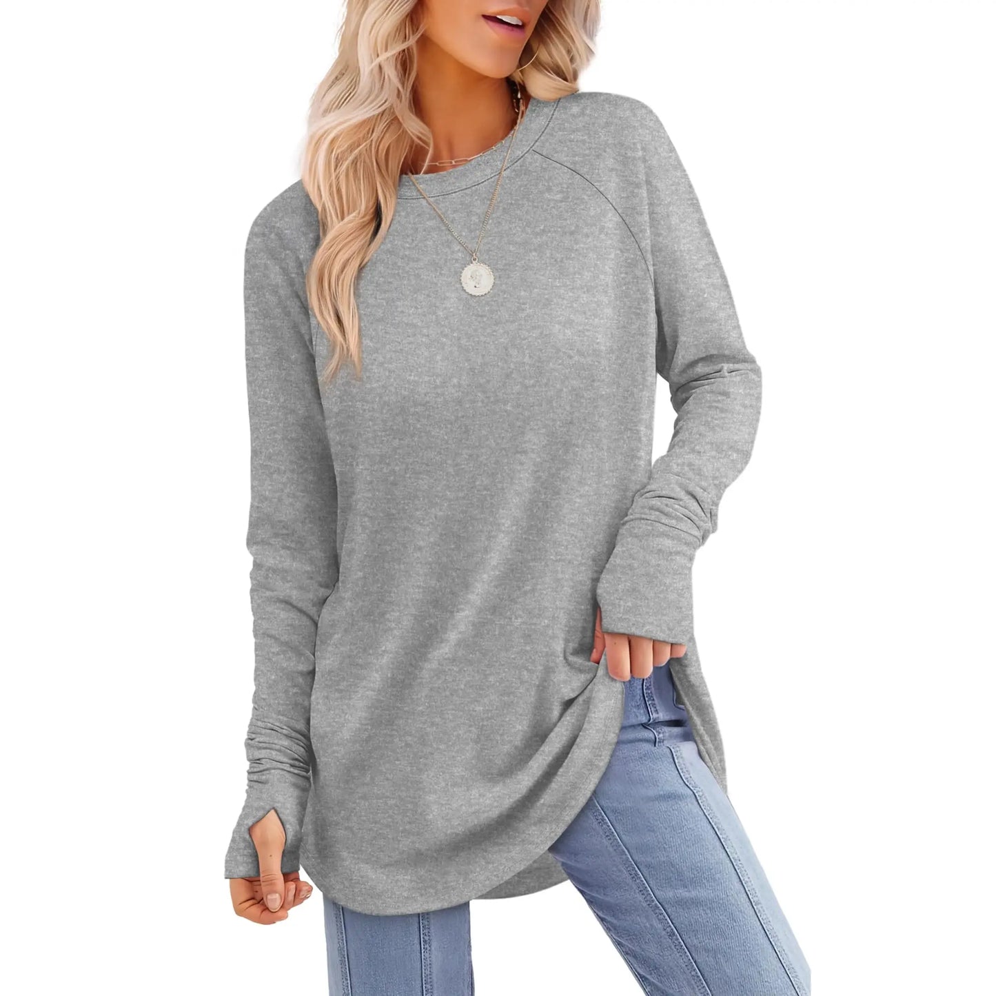 Women’s Casual Tunic Tops with Thumb Holes & Curved Hem