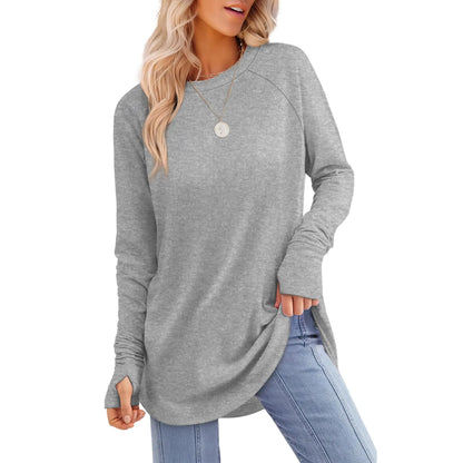 Women’s Casual Tunic Tops with Thumb Holes & Curved Hem