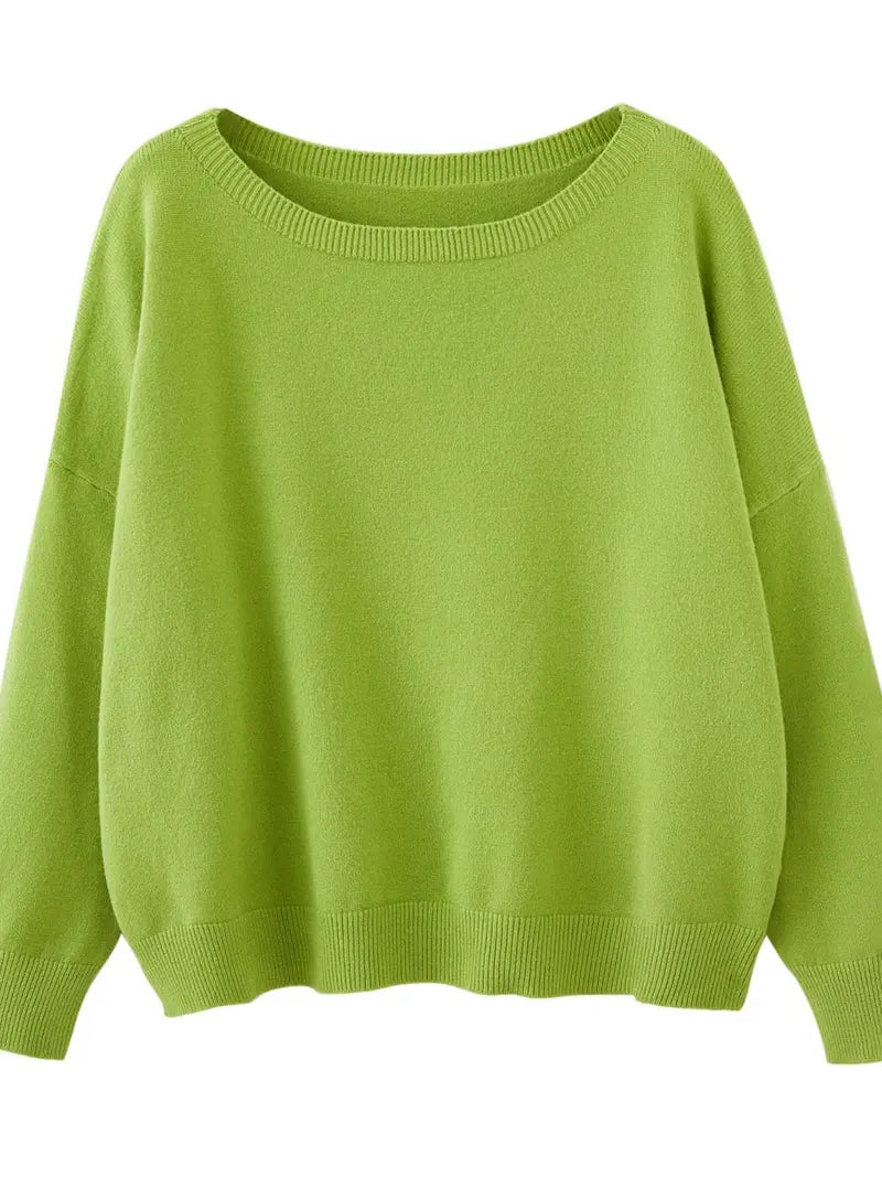 Women's Plain Scoop Neck Sweater Casual Long Sleeve Knit Top for Fall & Winter
