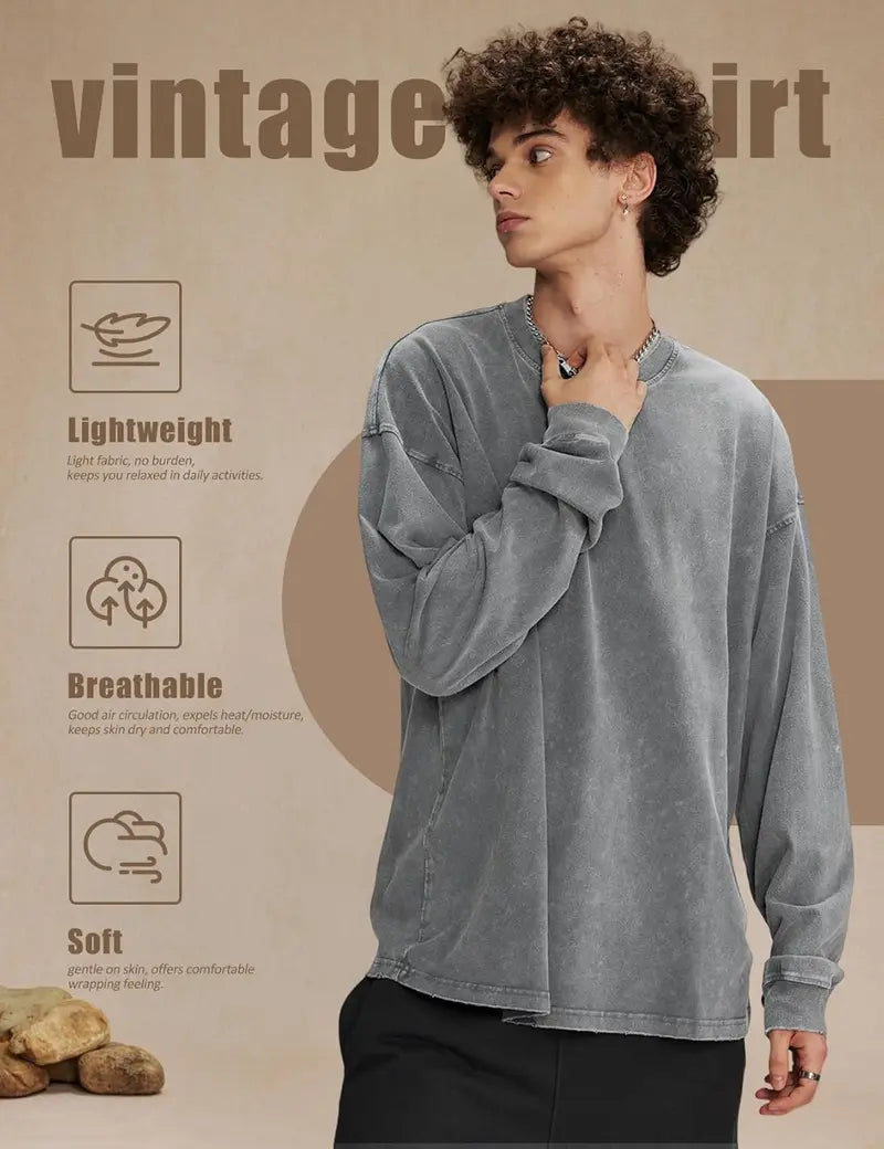 Arssm 3-Pack Unisex Long Sleeve T-Shirt – Vintage Acid Wash Baggy Cotton Tee for Streetwear, Casual Outfits & Layering