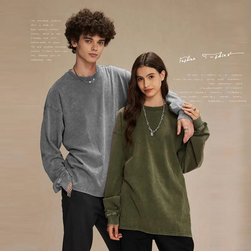 Arssm 3-Pack Unisex Long Sleeve T-Shirt – Vintage Acid Wash Baggy Cotton Tee for Streetwear, Casual Outfits & Layering