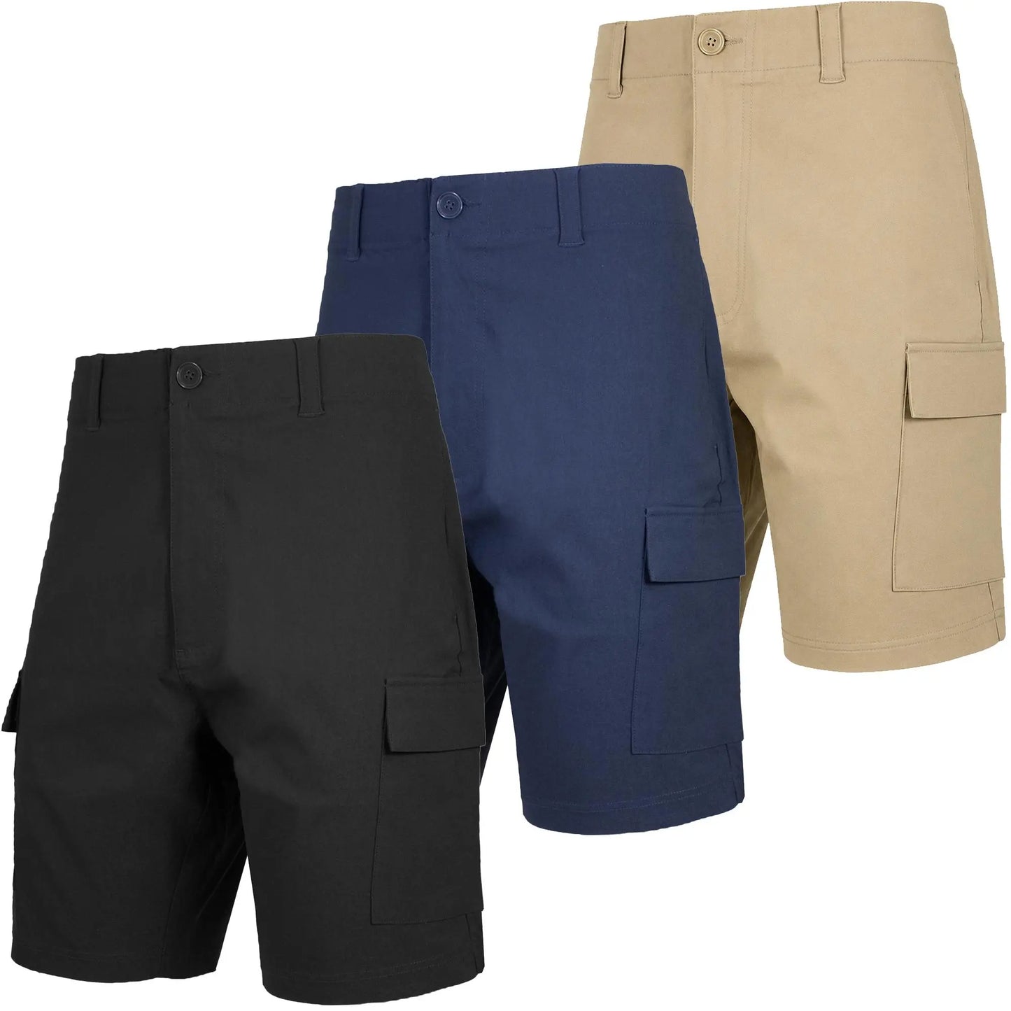 Mens 3-Pack Super Stretch Cargo Shorts with Zipper Pockets