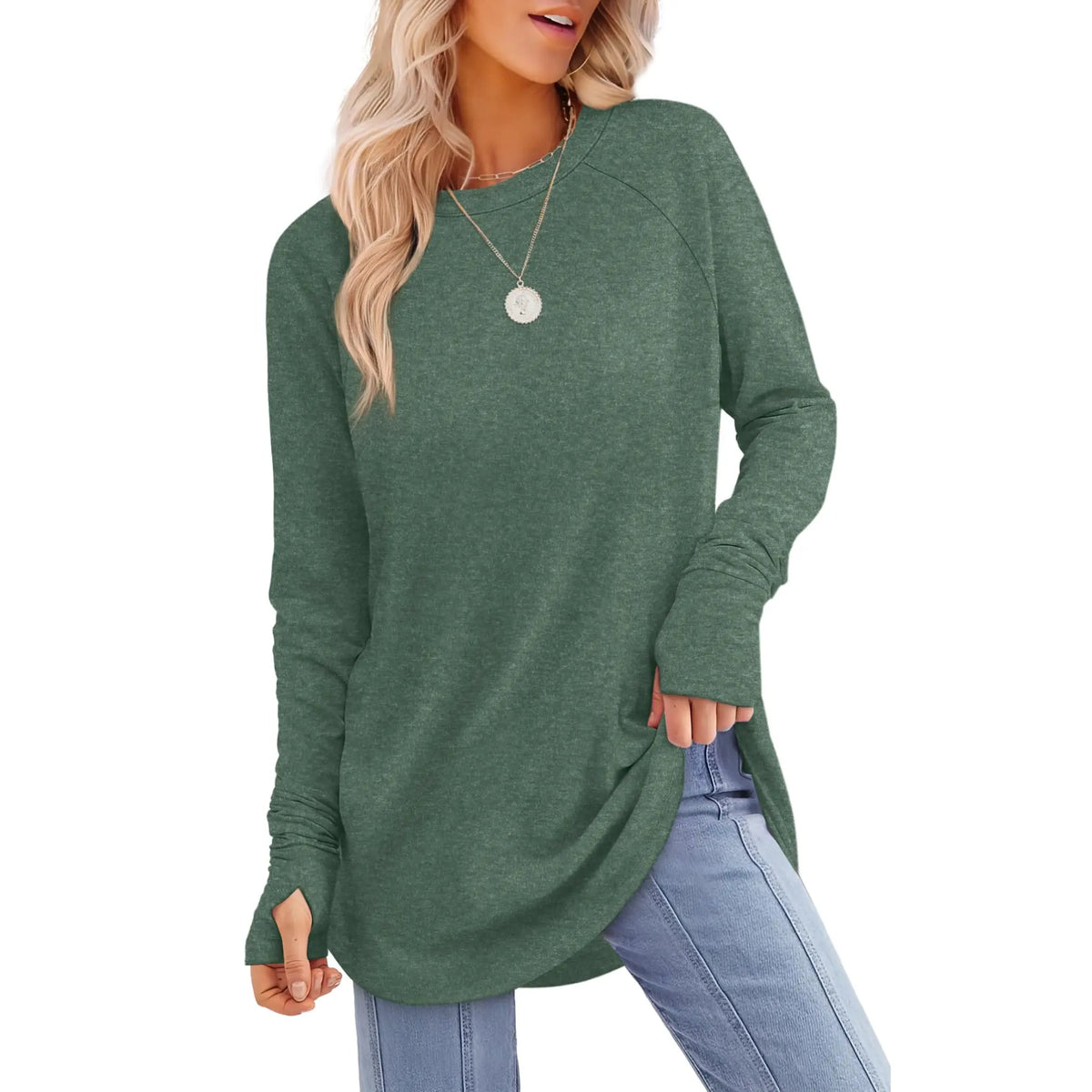 Women’s Casual Tunic Tops with Thumb Holes & Curved Hem