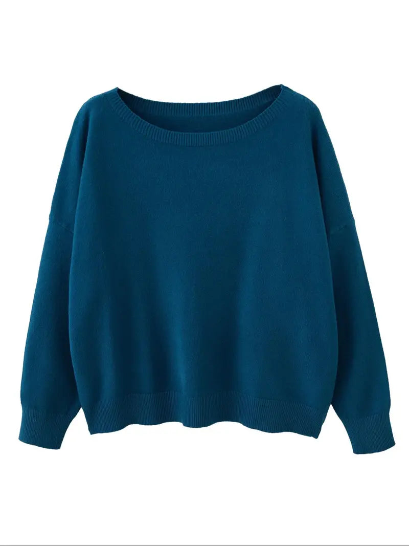 Women's Plain Scoop Neck Sweater Casual Long Sleeve Knit Top for Fall & Winter