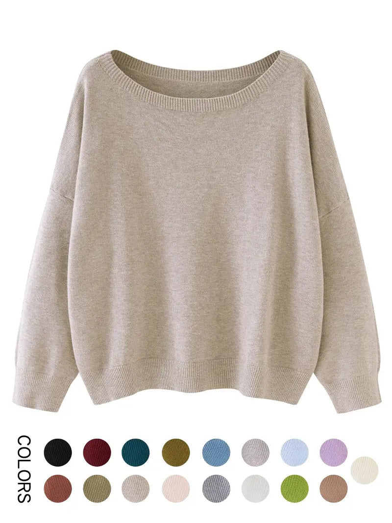 Women's Plain Scoop Neck Sweater Casual Long Sleeve Knit Top for Fall & Winter