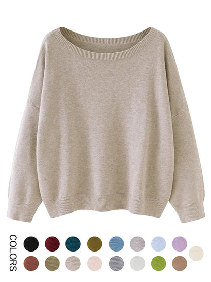 Women's Plain Scoop Neck Sweater Casual Long Sleeve Knit Top for Fall & Winter