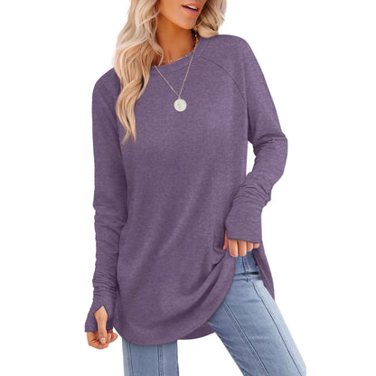 Women’s Casual Tunic Tops with Thumb Holes & Curved Hem