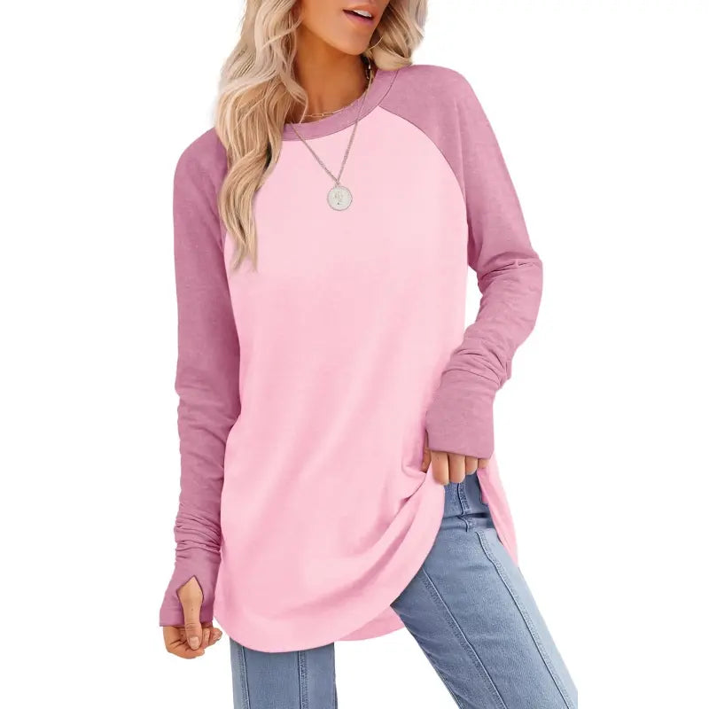 Women’s Casual Tunic Tops with Thumb Holes & Curved Hem