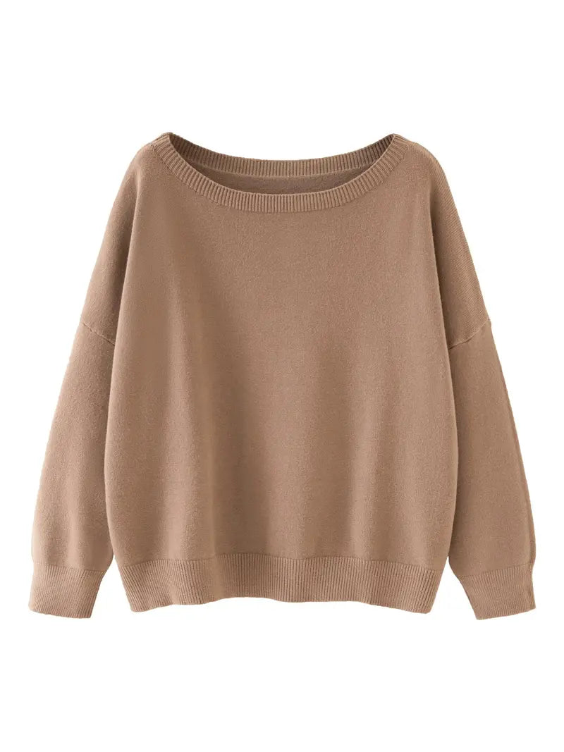Women's Plain Scoop Neck Sweater Casual Long Sleeve Knit Top for Fall & Winter