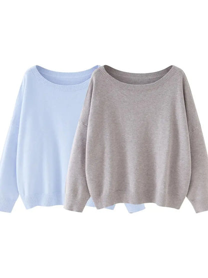 Women's Plain Scoop Neck Sweater Casual Long Sleeve Knit Top for Fall & Winter