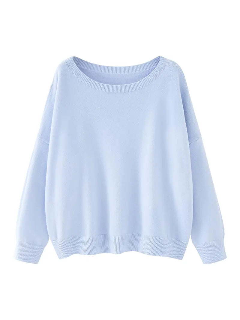 Women's Plain Scoop Neck Sweater Casual Long Sleeve Knit Top for Fall & Winter