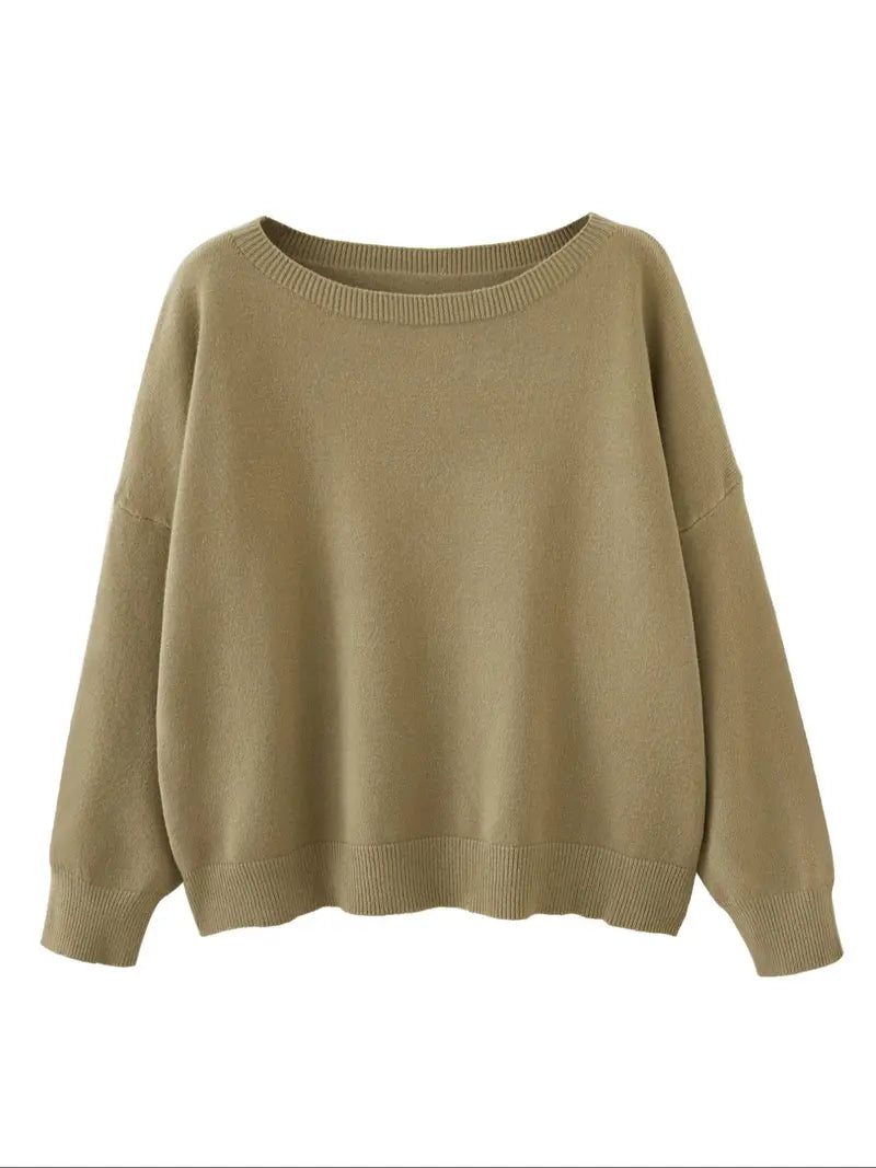 Women's Plain Scoop Neck Sweater Casual Long Sleeve Knit Top for Fall & Winter