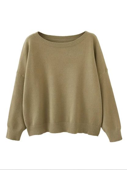 Women's Plain Scoop Neck Sweater Casual Long Sleeve Knit Top for Fall & Winter