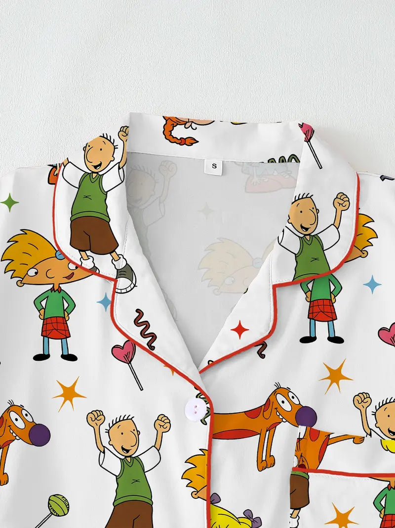 Teen Retro Cartoon Print Pajama Set -Soft Comfortable Short Sleeve Sleepwear