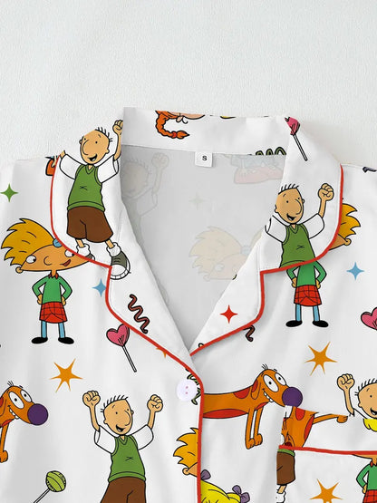 Teen Retro Cartoon Print Pajama Set -Soft Comfortable Short Sleeve Sleepwear