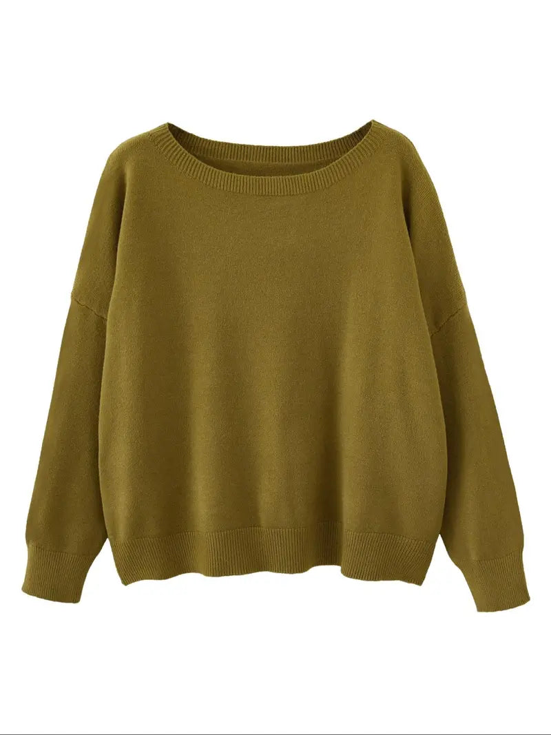 Women's Plain Scoop Neck Sweater Casual Long Sleeve Knit Top for Fall & Winter