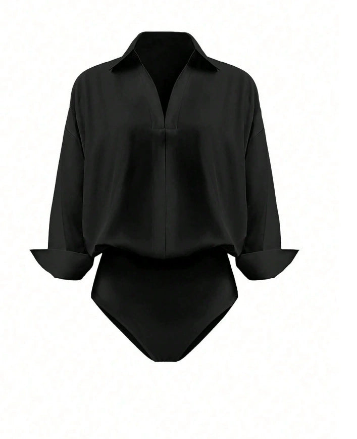 Women's Collared Deep V-Neck Shirt Bodysuit, Long Sleeve Turn-Down Collar Wrap Front Bodysuit Top