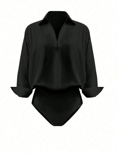 Women's Collared Deep V-Neck Shirt Bodysuit, Long Sleeve Turn-Down Collar Wrap Front Bodysuit Top