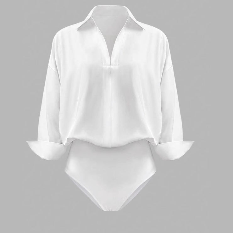 Women's Collared Deep V-Neck Shirt Bodysuit, Long Sleeve Turn-Down Collar Wrap Front Bodysuit Top