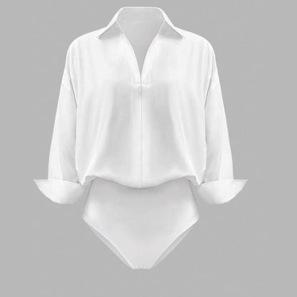 Women's Collared Deep V-Neck Shirt Bodysuit, Long Sleeve Turn-Down Collar Wrap Front Bodysuit Top