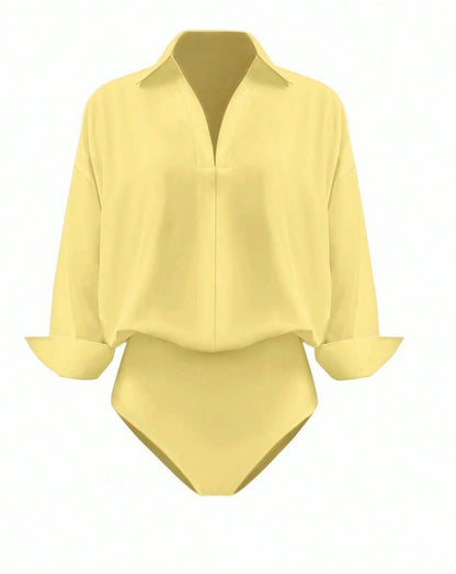 Women's Collared Deep V-Neck Shirt Bodysuit, Long Sleeve Turn-Down Collar Wrap Front Bodysuit Top