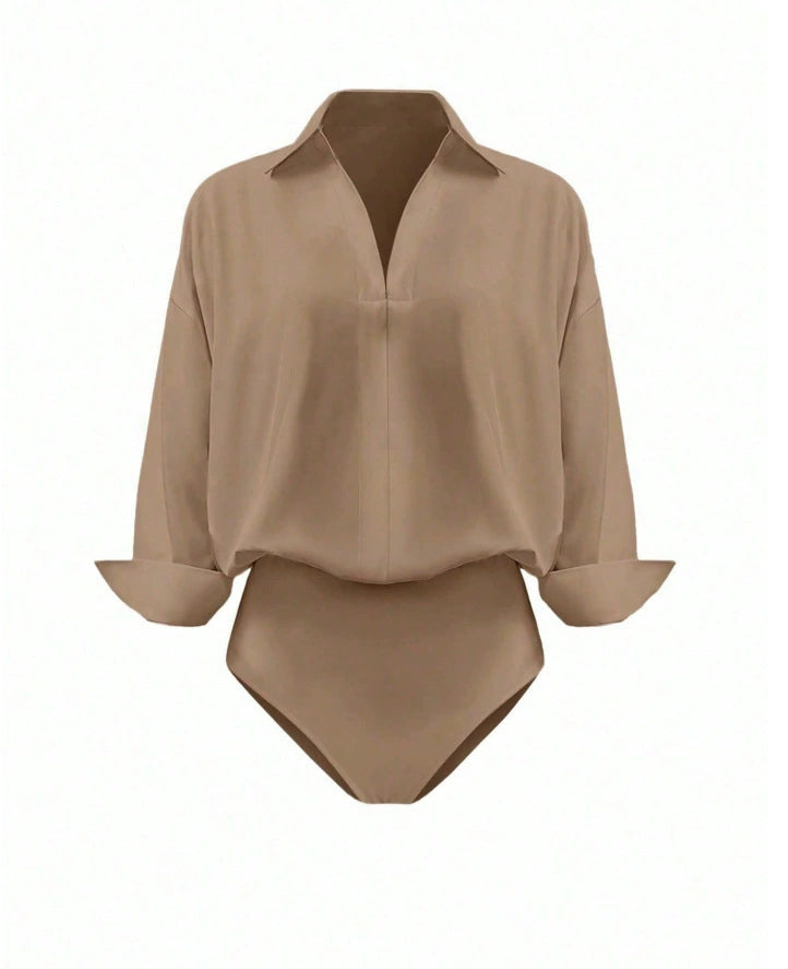 Women's Collared Deep V-Neck Shirt Bodysuit, Long Sleeve Turn-Down Collar Wrap Front Bodysuit Top