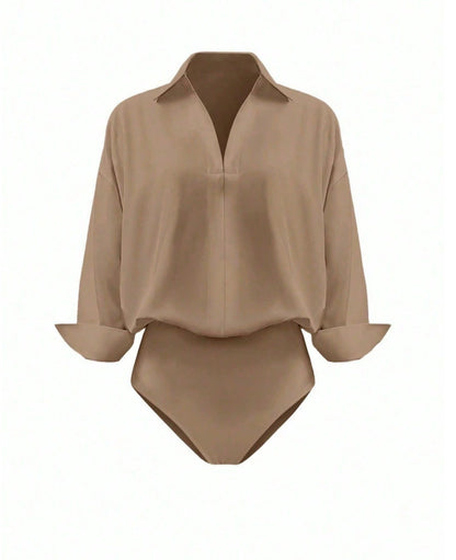 Women's Collared Deep V-Neck Shirt Bodysuit, Long Sleeve Turn-Down Collar Wrap Front Bodysuit Top