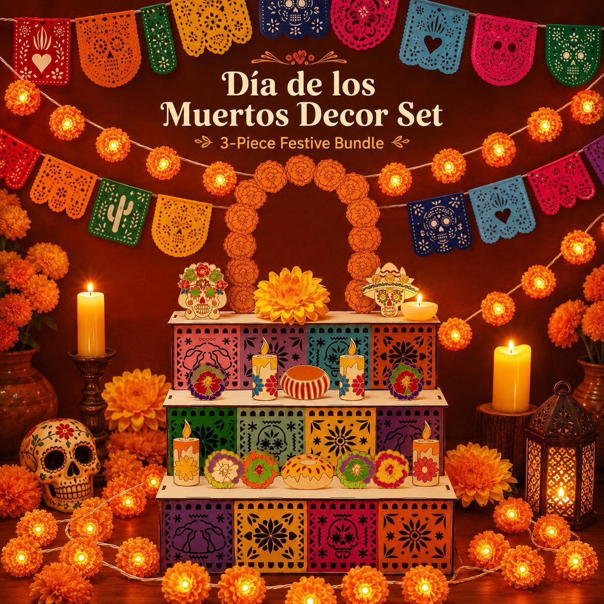 3‑Tier Wooden Day of the Dead Ofrenda Altar Set, Complete Decor Kit with Skull, Marigolds, Candles & Papel Picado