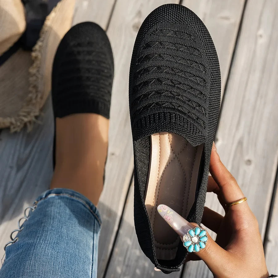 Women's Knit Round-Toe Slip-On Ballet Flats, Breathable PU