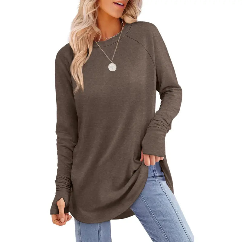 Women’s Casual Tunic Tops with Thumb Holes & Curved Hem