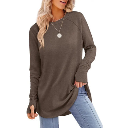Women’s Casual Tunic Tops with Thumb Holes & Curved Hem